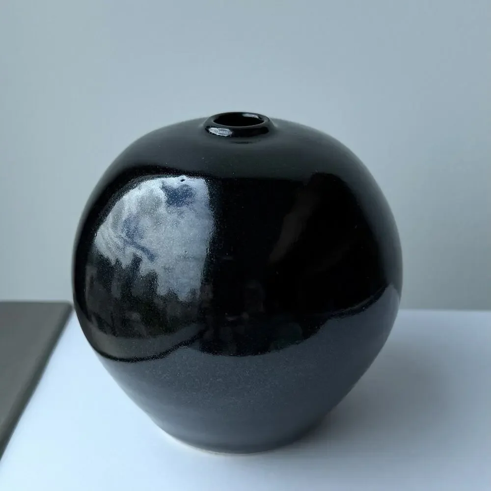 KERAMOS Studio Pottery Signed Alice Round Bulb Bud Vase Black Glaze 4.5